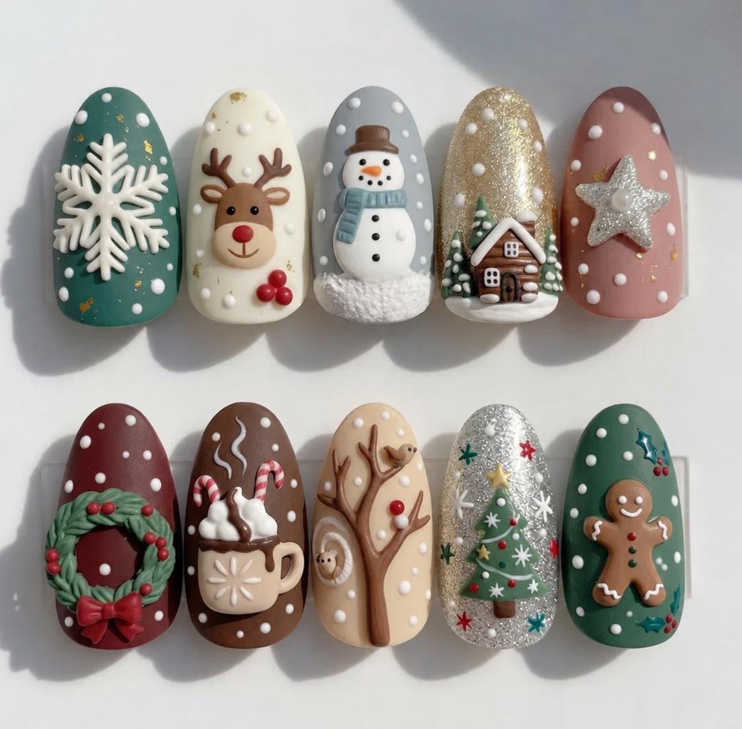 Cozy Christmas Press On Nails with 3D Reindeer, Snowman, Snowflakes and Winter Motifs