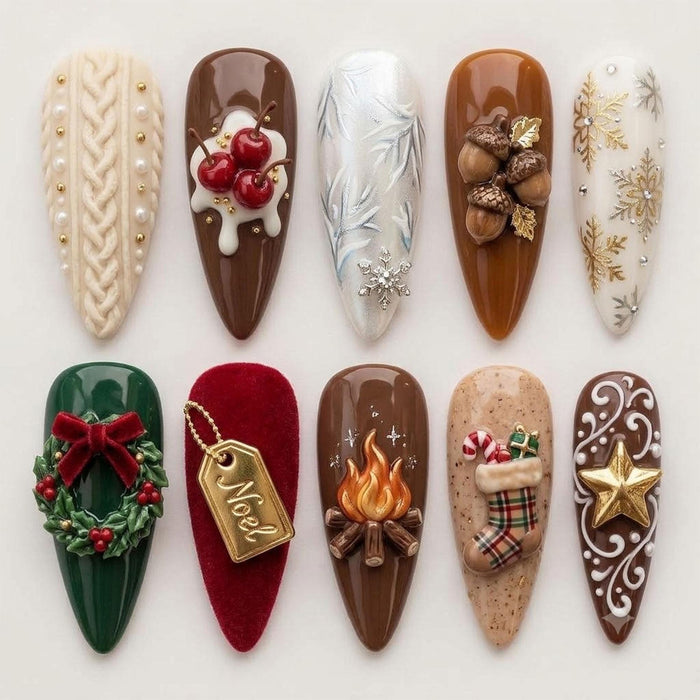 Cozy Christmas Press On Nails With Knit Texture, Wreath, Campfire and 3D Holiday Details