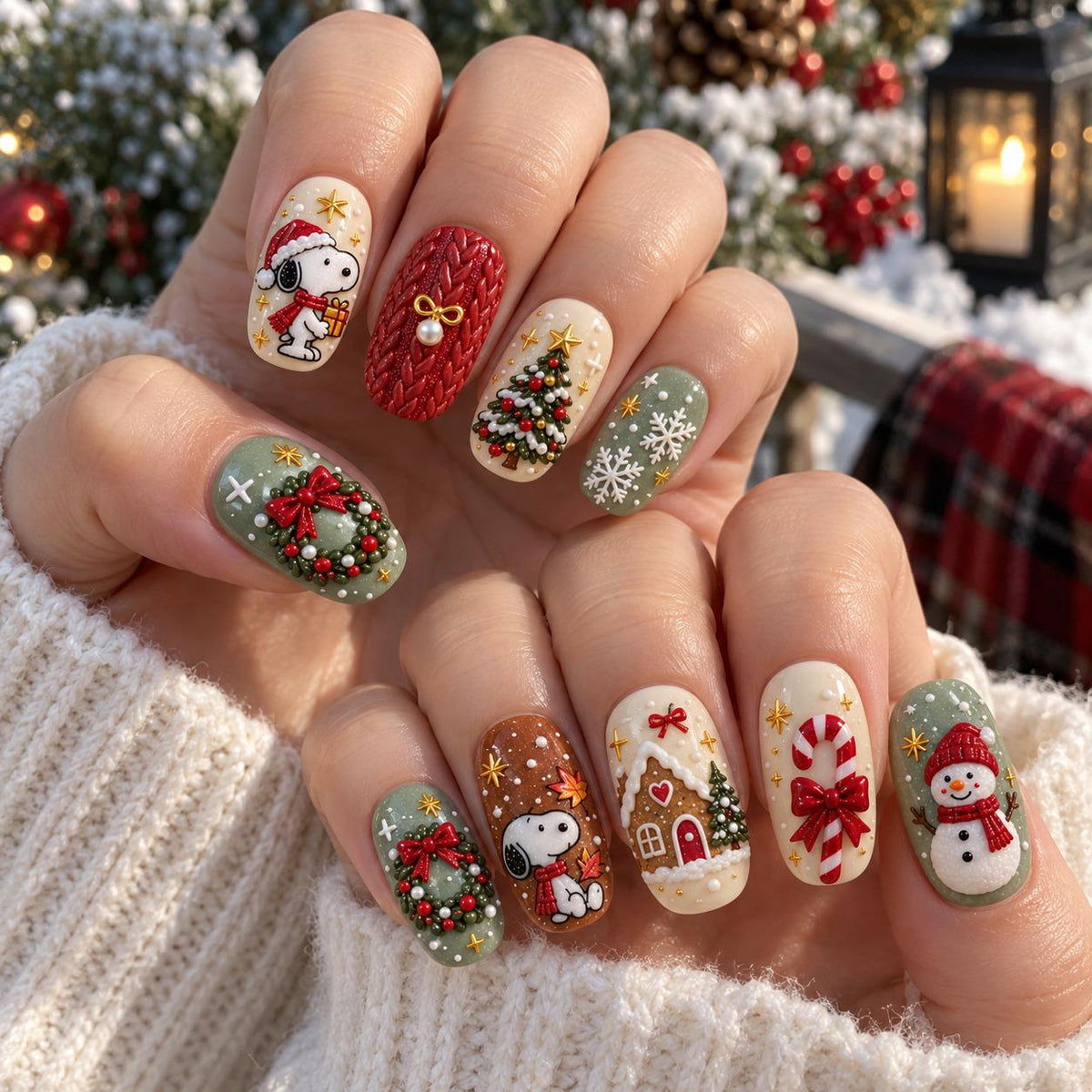 Cozy Christmas Puppy Nail Set With Sweater Knit, Trees, Snowflakes and Festive Details