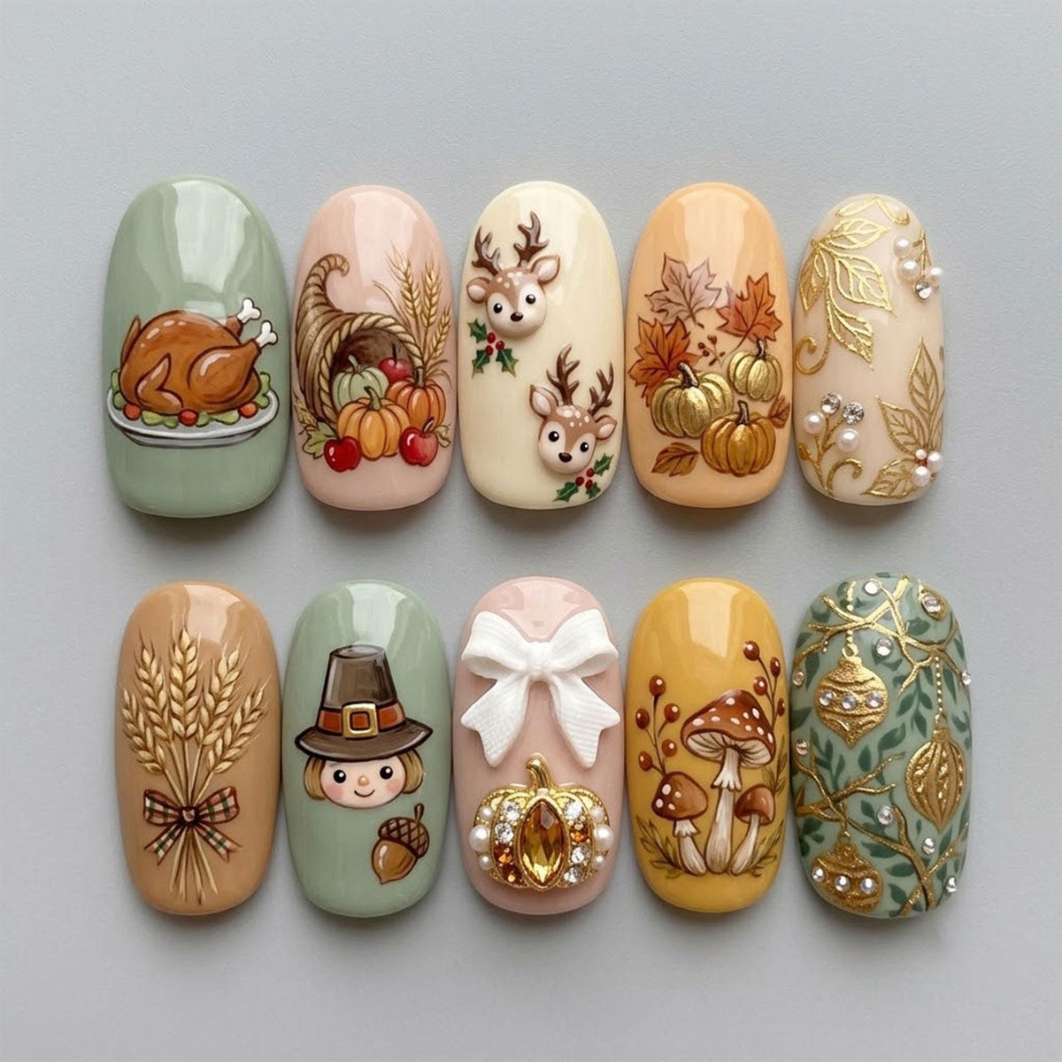 Cozy Fall Harvest Nail Set With Pumpkins, Wheat, Deer, Mushrooms and 3D Bows