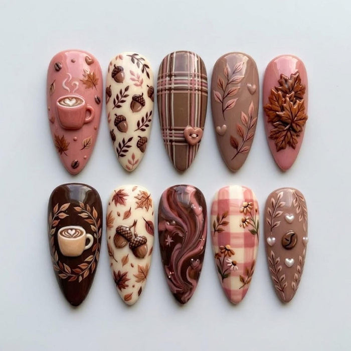 Cozy Fall Press On Nails With 3D Coffee Cups, Acorns, and Maple Leaves
