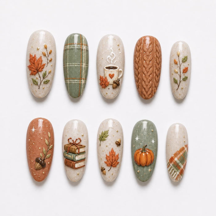 Cozy Fall Press On Nails With Plaid, Knit, Coffee, Books, and Autumn Leaves