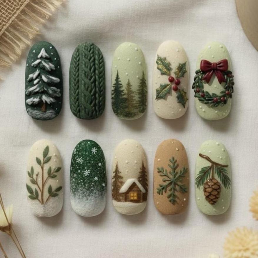 Cozy Green Christmas Nails with Textured Trees, Wreath, Snowflakes, and Winter Details