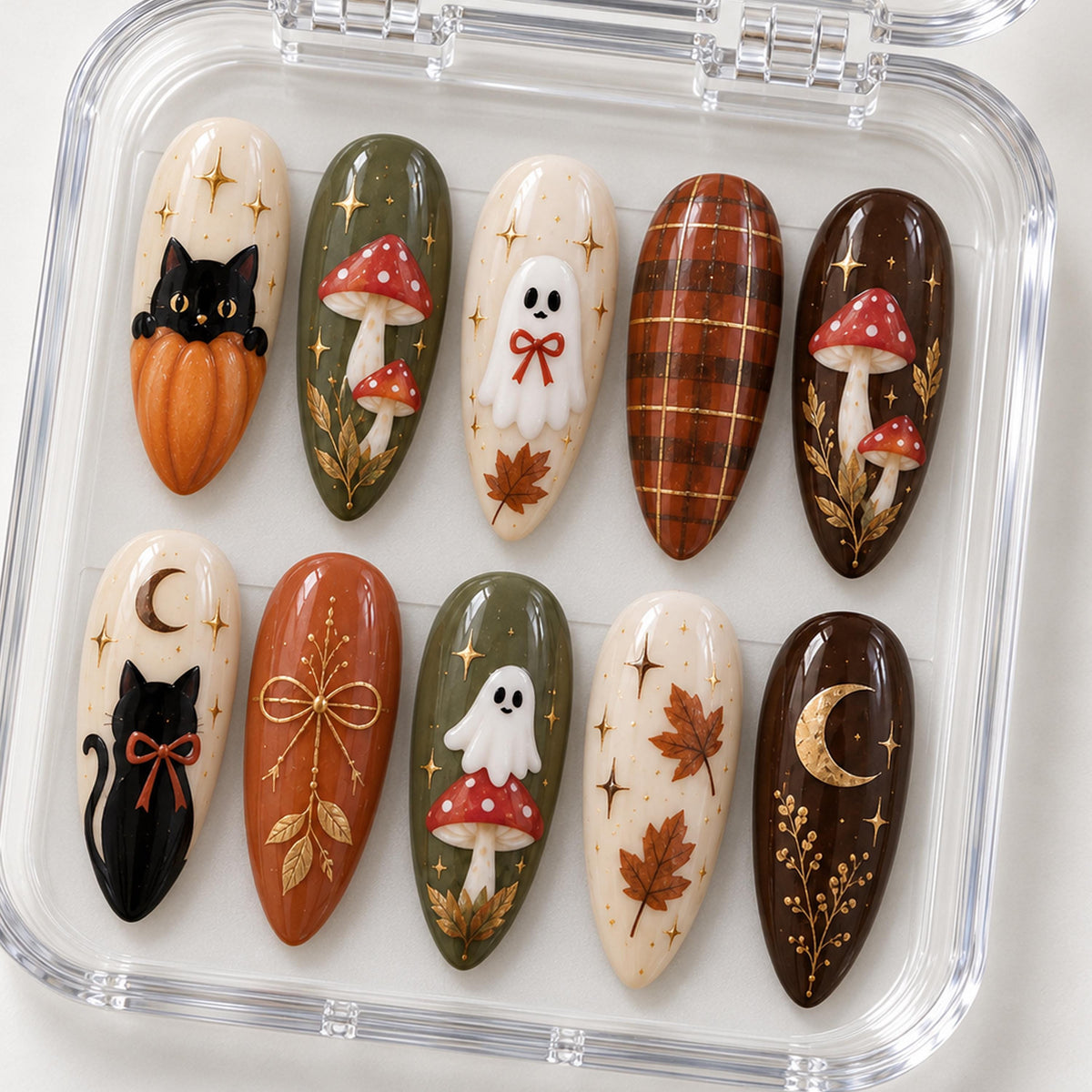 Cozy Halloween Cat, Ghost, Mushroom & Autumn Plaid Nail Set