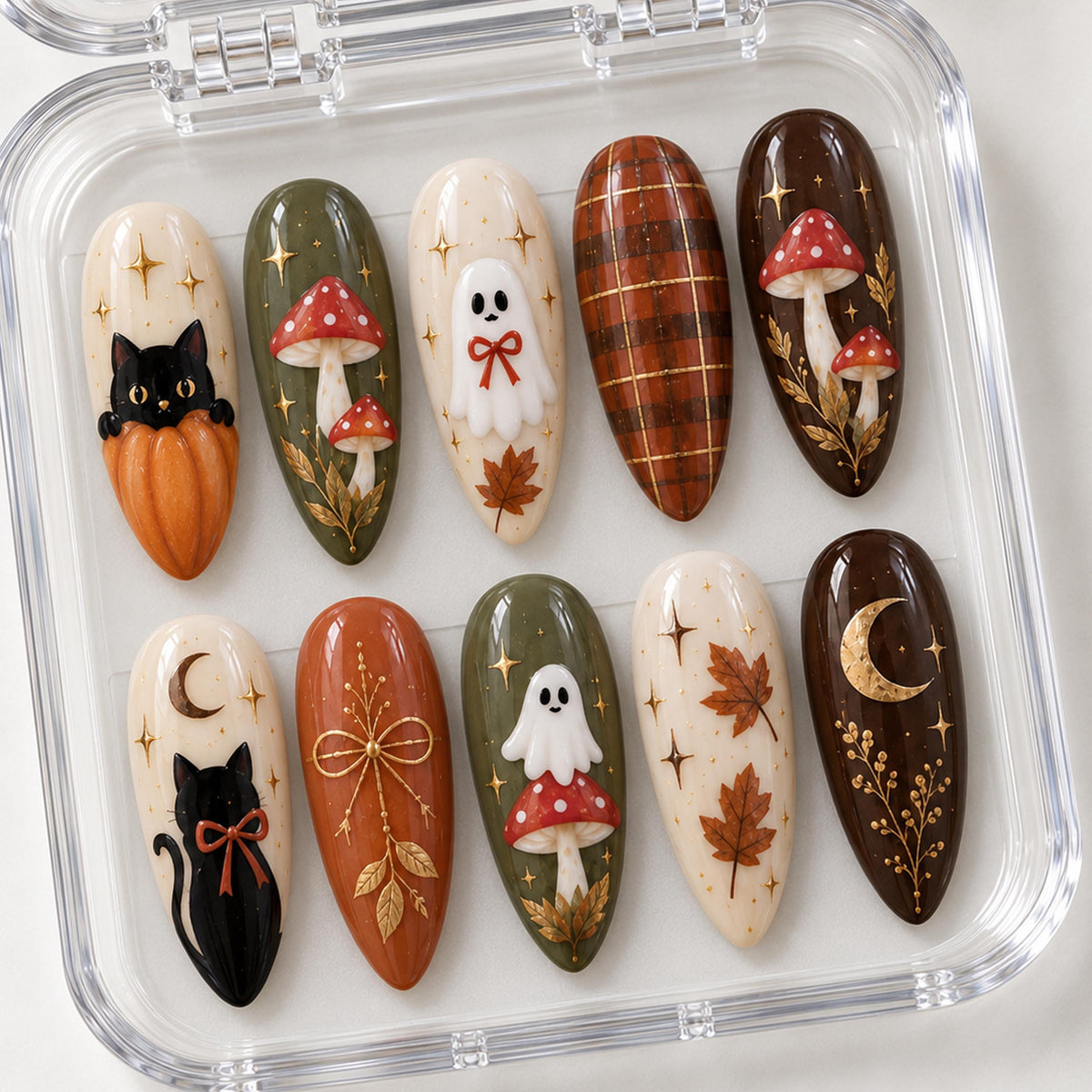 Cozy Halloween Cat, Ghost, Mushroom & Autumn Plaid Nail Set