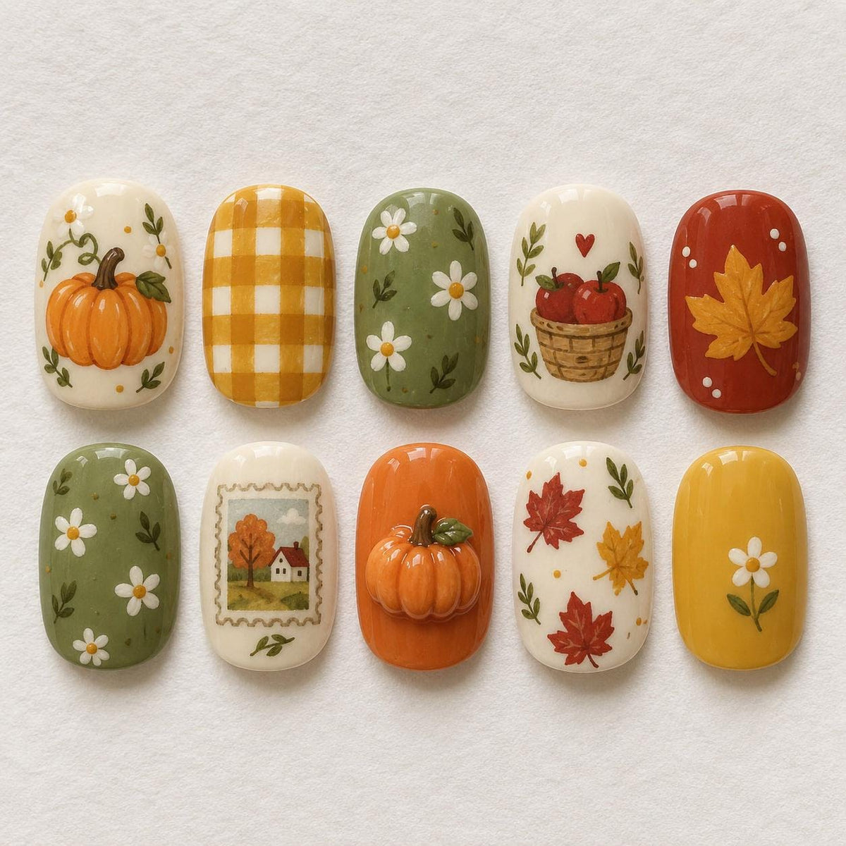 Cozy Harvest Pumpkin, Checkered & Country House Press On Nails