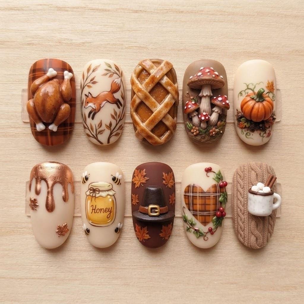 Cozy Thanksgiving Press-On Nail Set With 3D Turkey, Pie, Mushrooms, Pumpkin and Plaid