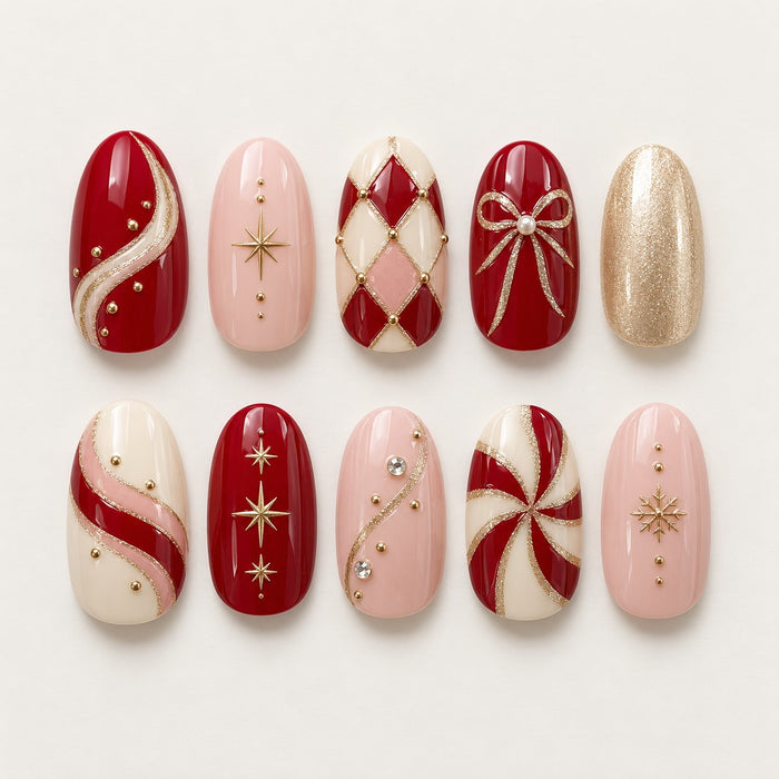 Cranberry, Blush and Gold Holiday Nail Set With Bows and Candy Patterns