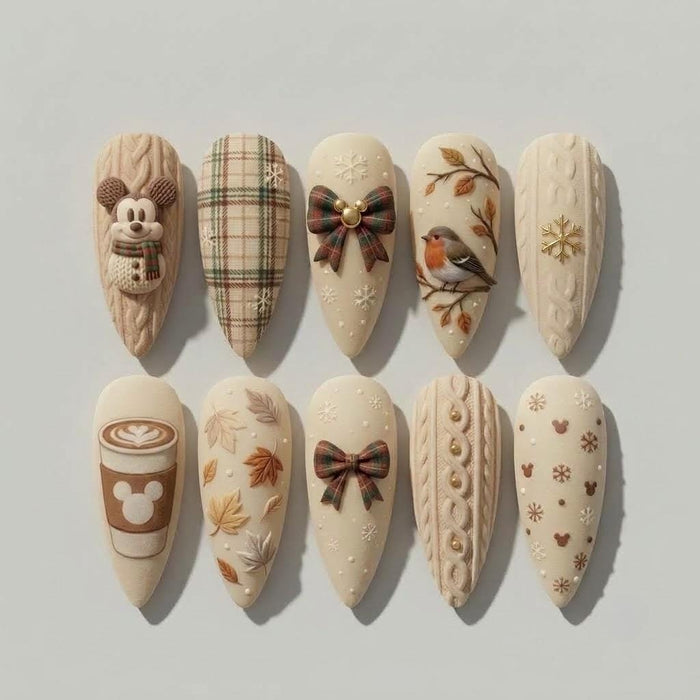 Cream and Beige Plaid Autumn Press On Nail Set With Knit Texture, Bows and Woodland Details