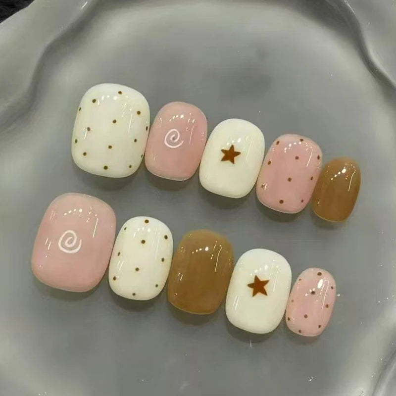 Cream and Blush Pink Star, Swirl, and Dot Nail Set
