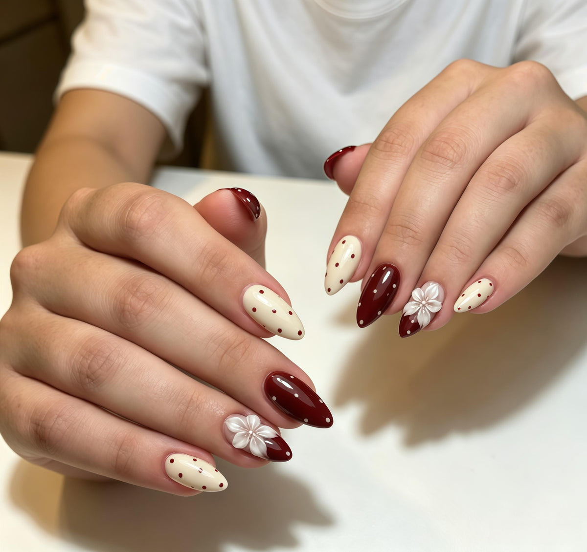 Cream and Burgundy Polka Dot Nails with 3D White Flowers