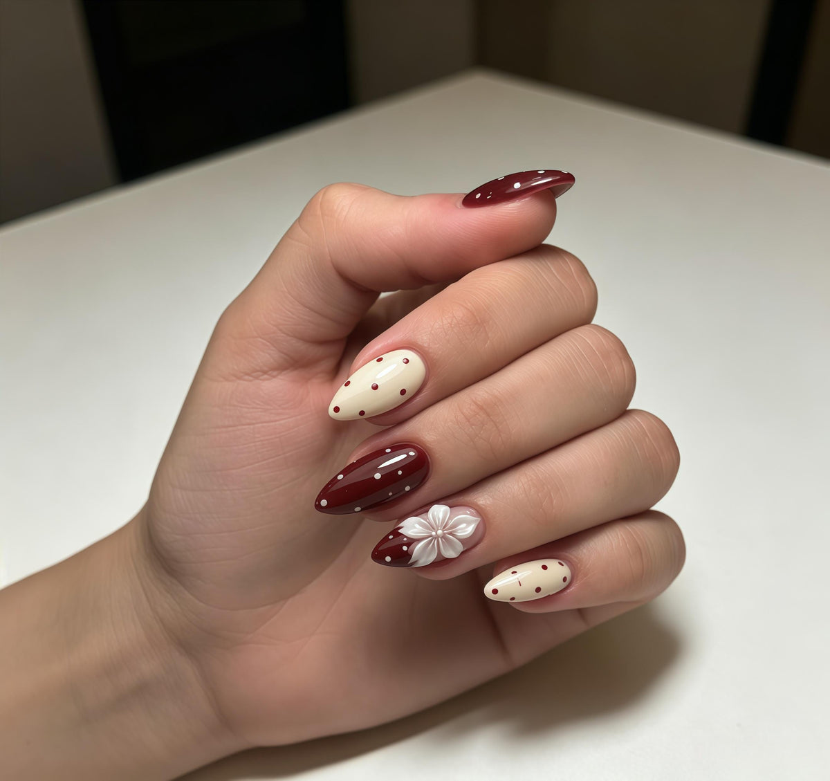 Cream and Burgundy Polka Dot Nails with 3D White Flowers