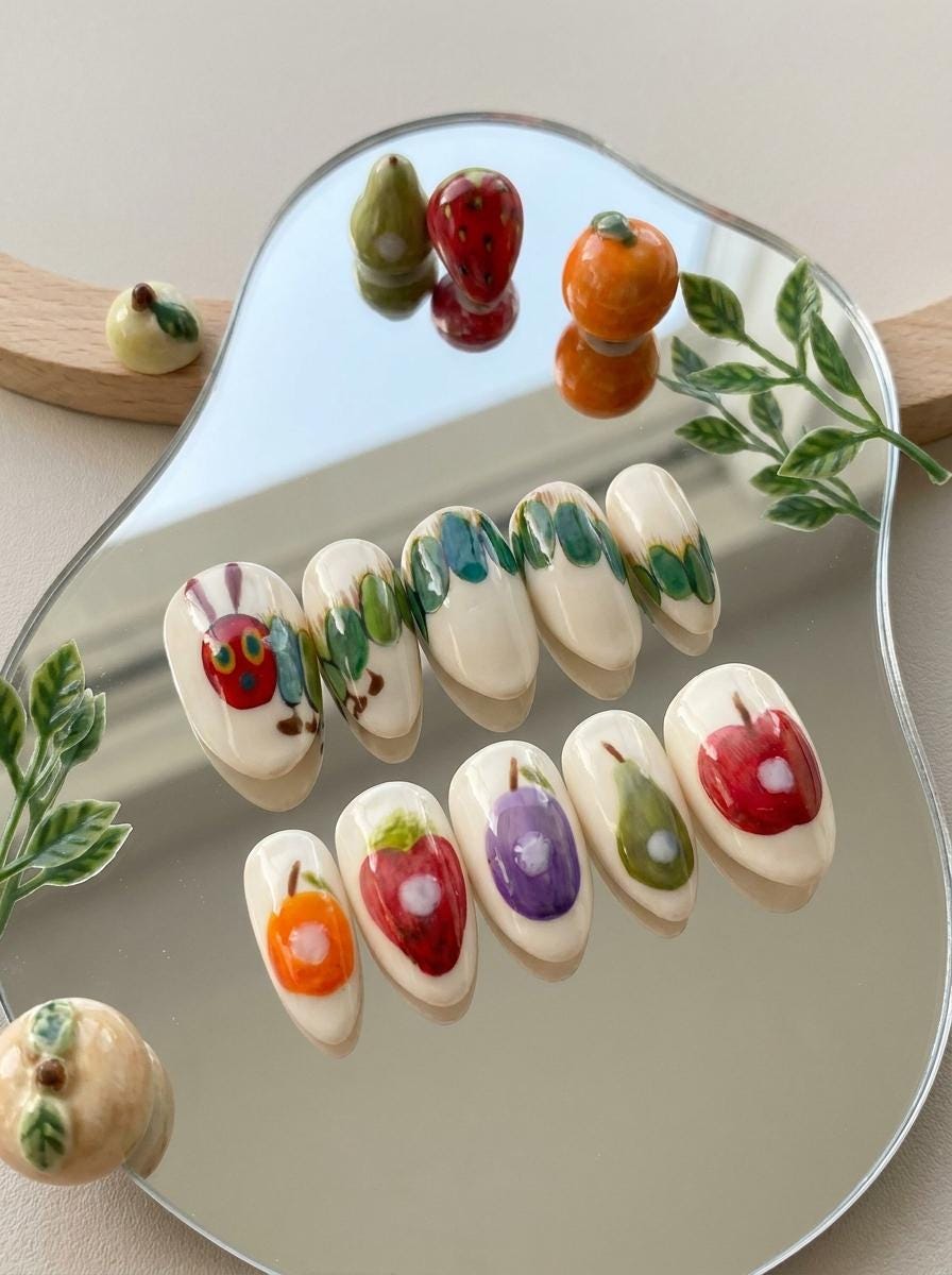Cream Fruit Garden Press On Nails With Caterpillar Art