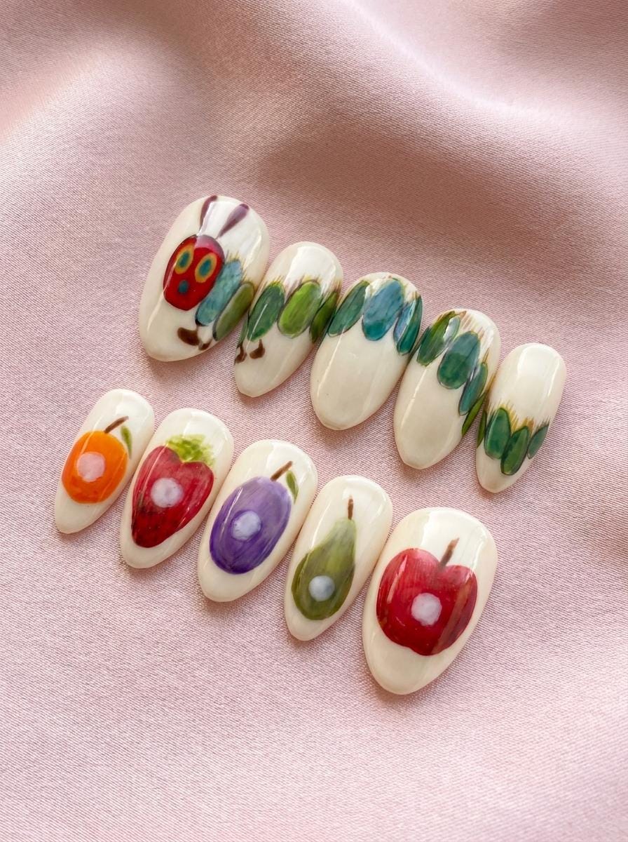 Cream Fruit Garden Press On Nails With Caterpillar Art