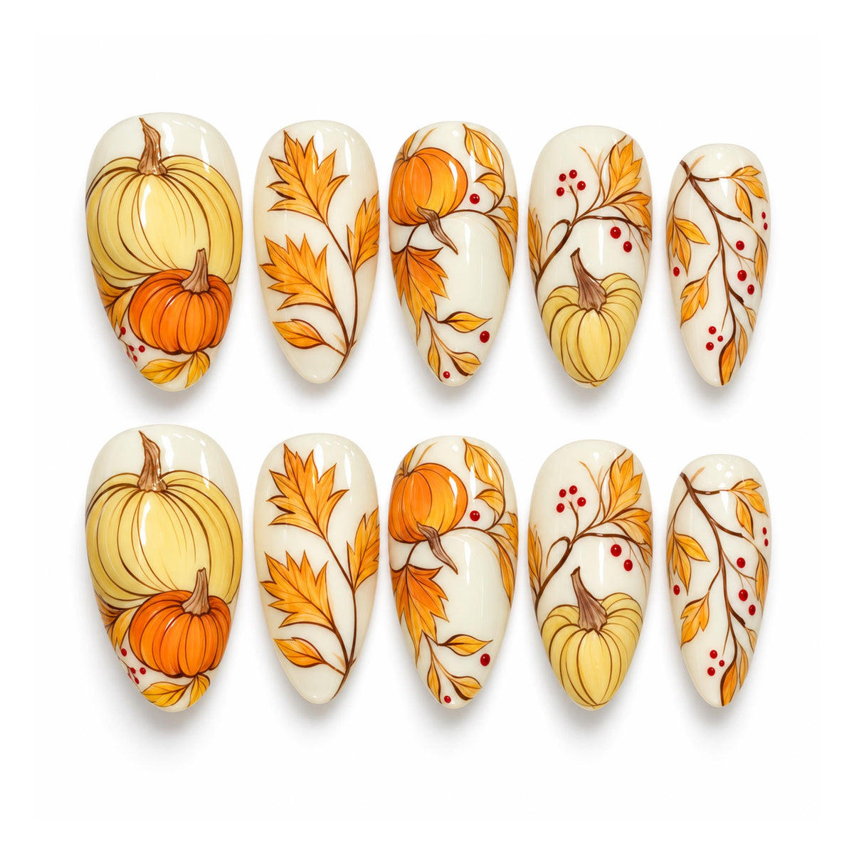 Cream Pumpkin and Autumn Leaf Thanksgiving Press On Nails