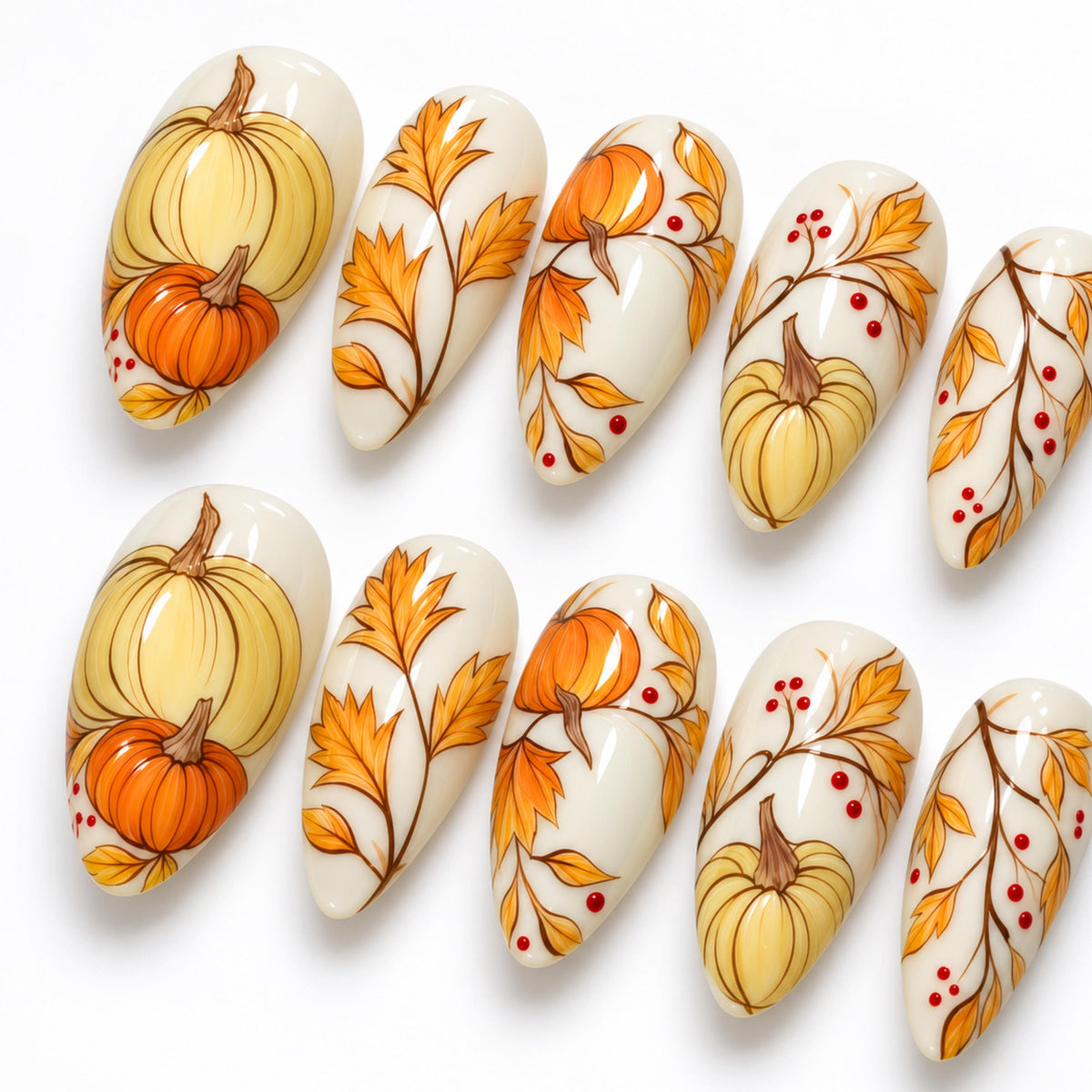 Cream Pumpkin and Autumn Leaf Thanksgiving Press On Nails