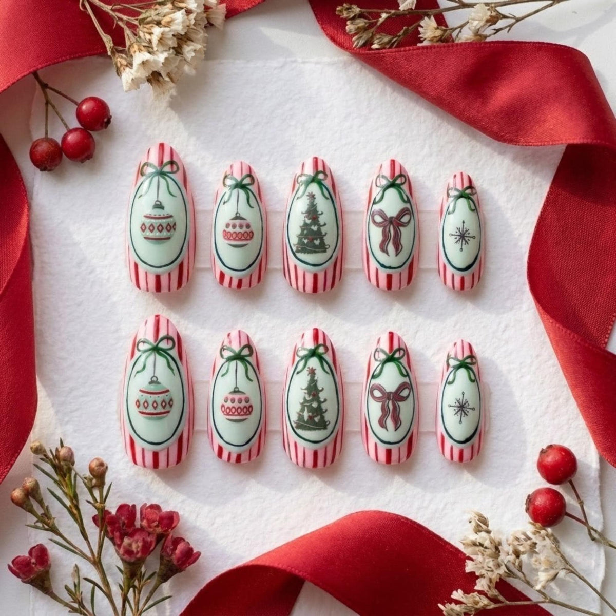 Creamy Pink and Red Stripe Christmas Nail Set with Mint Panels, Ornaments, Bows, Trees and Snowflakes