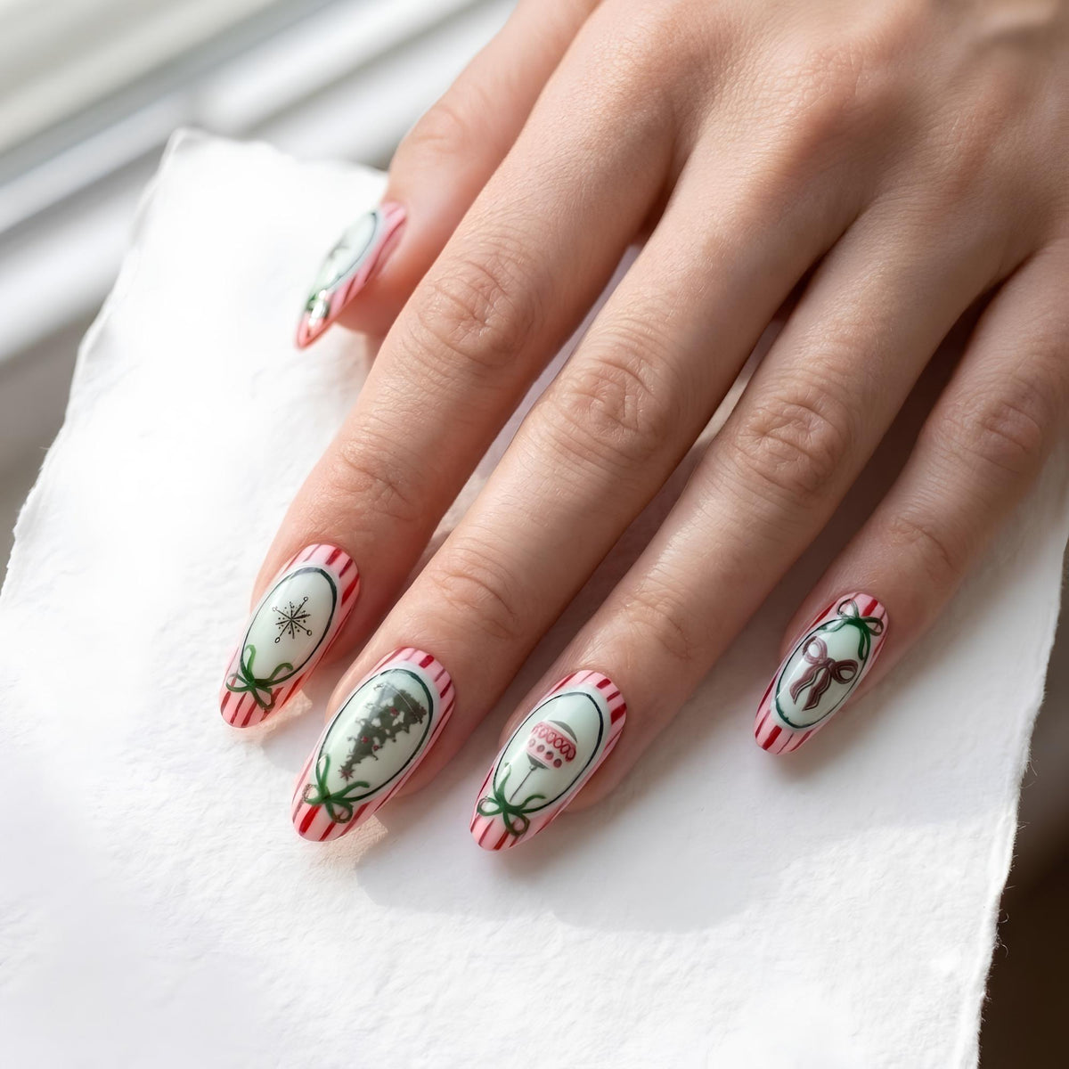 Creamy Pink and Red Stripe Christmas Nail Set with Mint Panels, Ornaments, Bows, Trees and Snowflakes