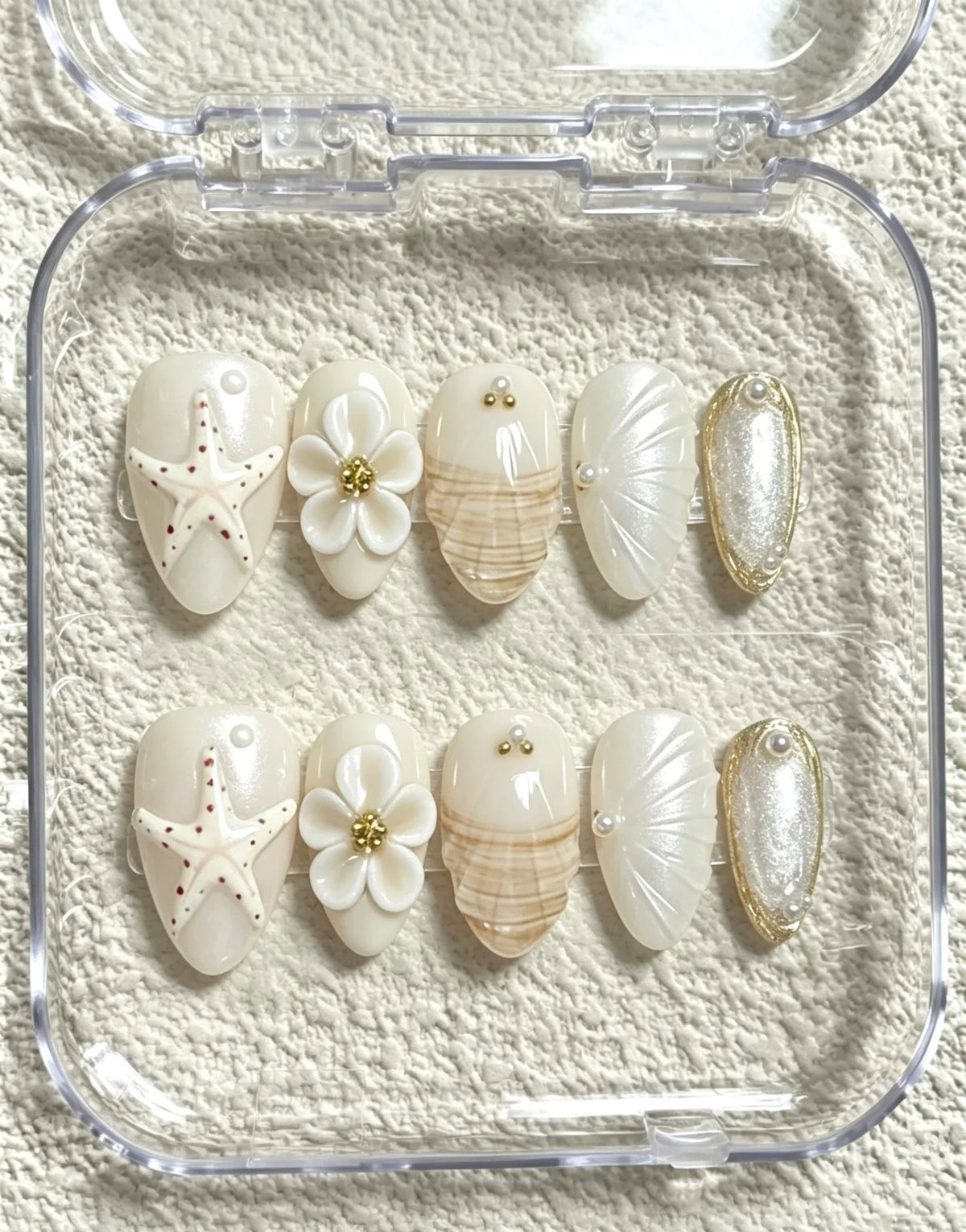 Creamy White Beach Nails With 3D Starfish, Shells, Pearls & Gold Details