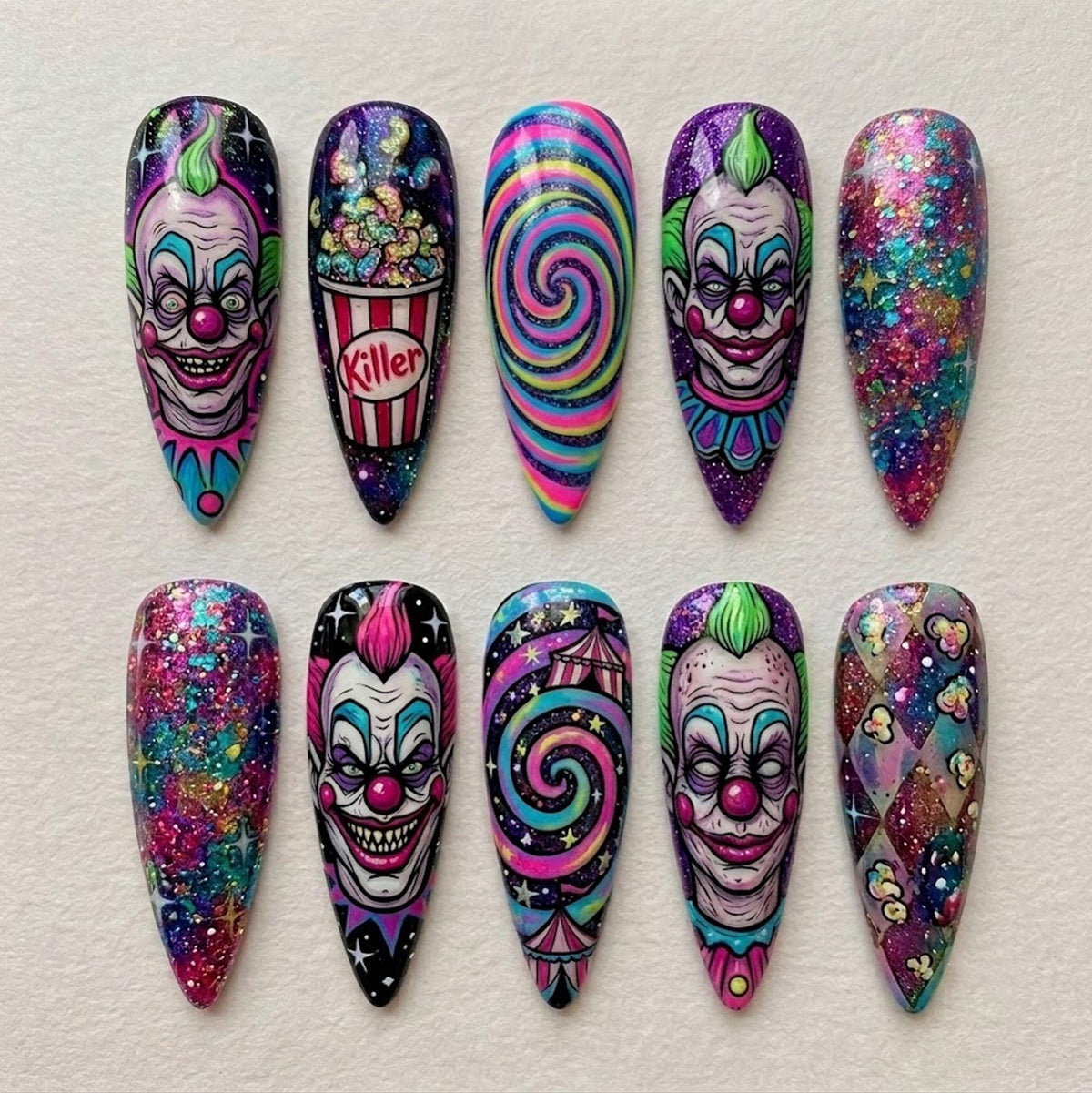 Creepy Clown Carnival Press On Nails With Rainbow Swirls and Multicolor Glitter