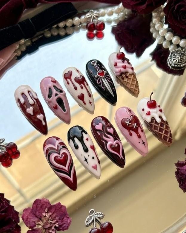 Cute Creepy Halloween Press-On Nails With Hearts, Skull and Dripping Details