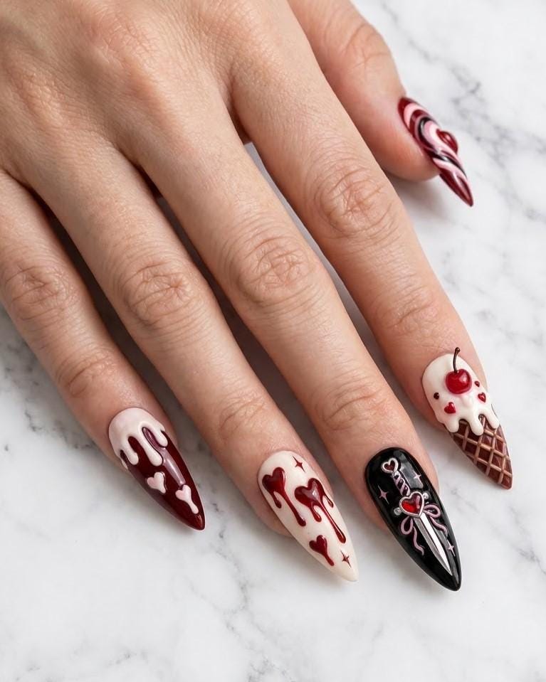 Cute Creepy Halloween Press-On Nails With Hearts, Skull and Dripping Details