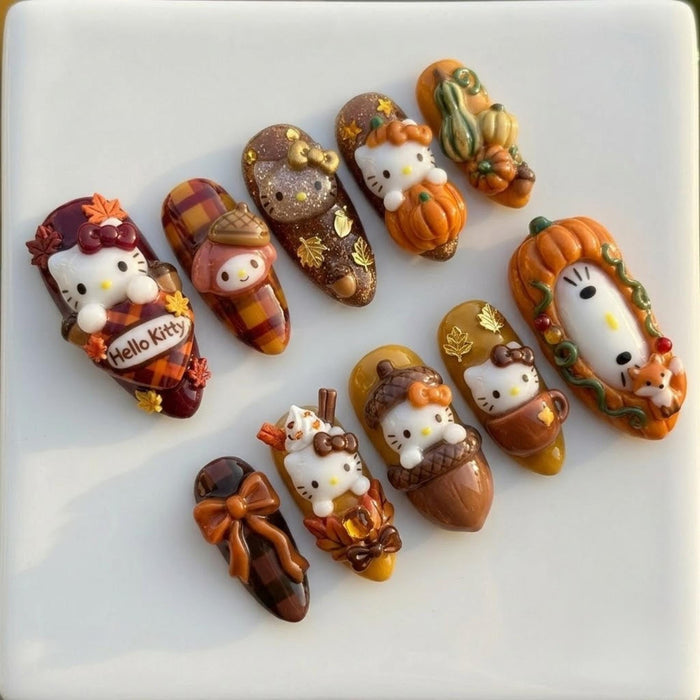 Cute Fall Press On Nail Set With 3D Pumpkins, Leaves, Acorns and Plaid