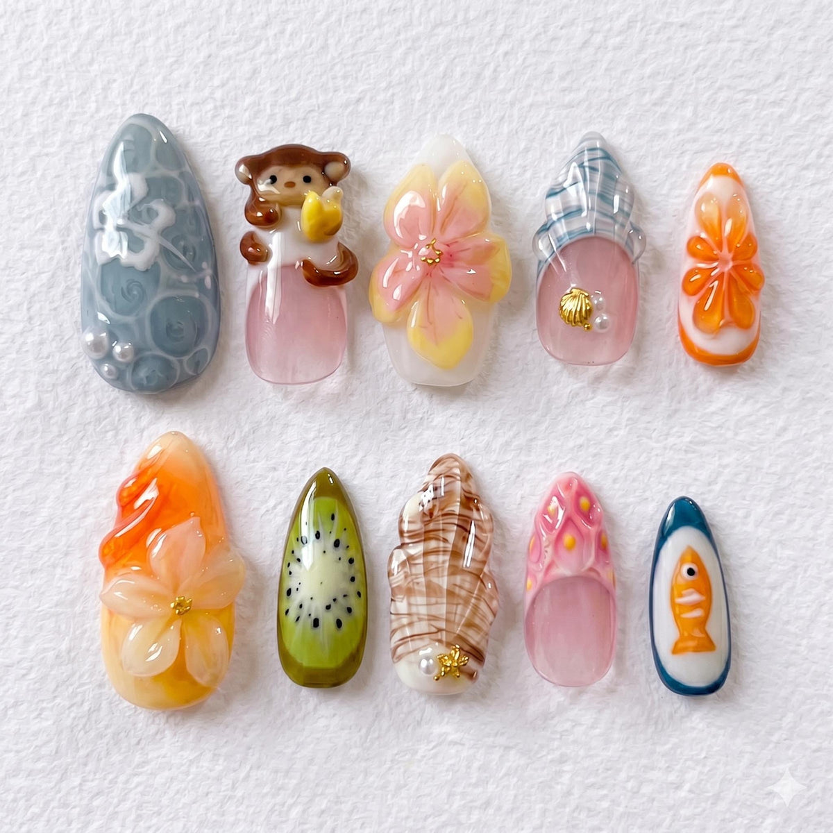 Cute Fruit and Animal Press-On Nails With 3D Monkey, Kiwi, Flowers and Plaid