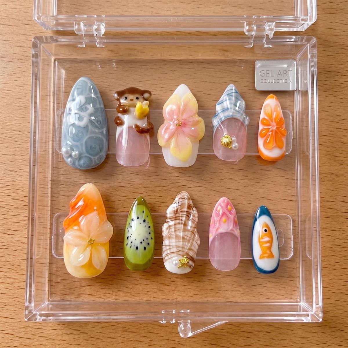 Cute Fruit and Animal Press-On Nails With 3D Monkey, Kiwi, Flowers and Plaid
