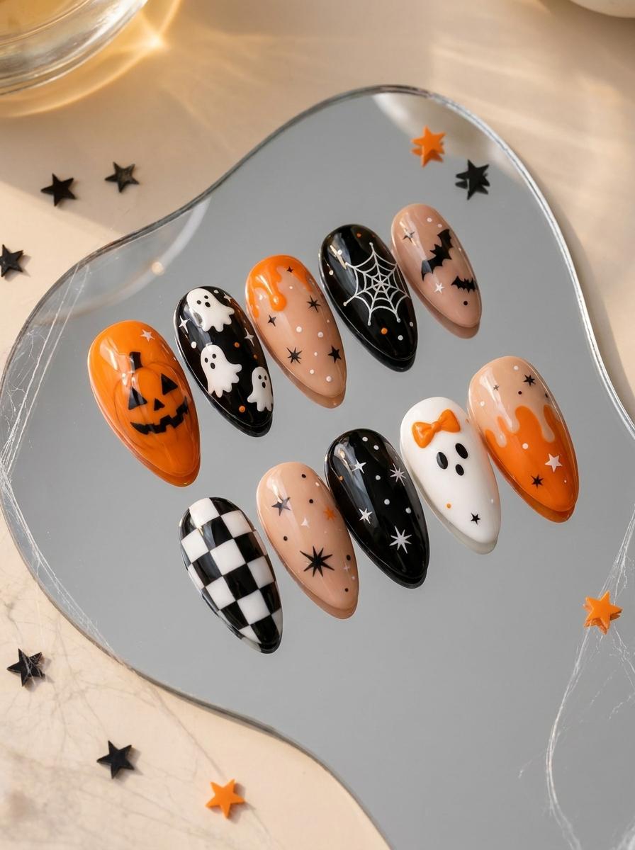 Cute Halloween Press On Nails With Ghosts, Pumpkins, Bats, and Checkerboard
