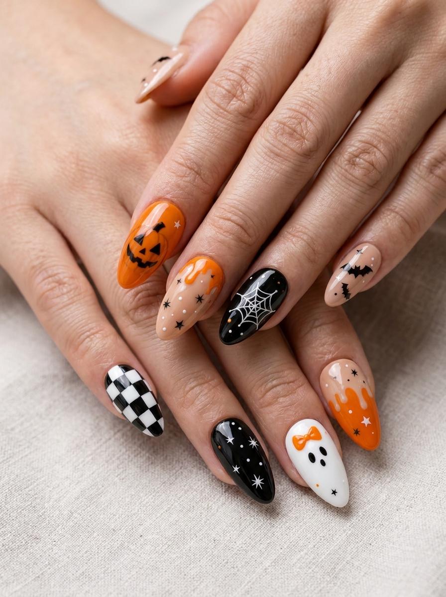Cute Halloween Press On Nails With Ghosts, Pumpkins, Bats, and Checkerboard