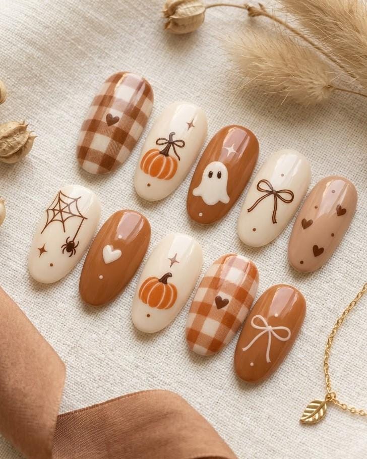 Cute Halloween Press-On Nails With Pumpkins, Ghost, Plaid, and Bows