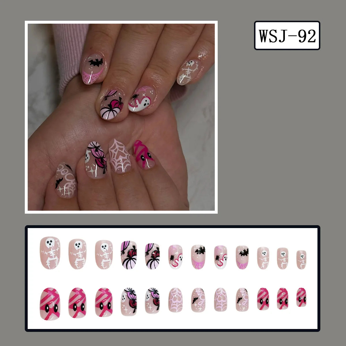 Cute Halloween Spiderweb, Ghost, Bat and Skeleton Press-On Nails