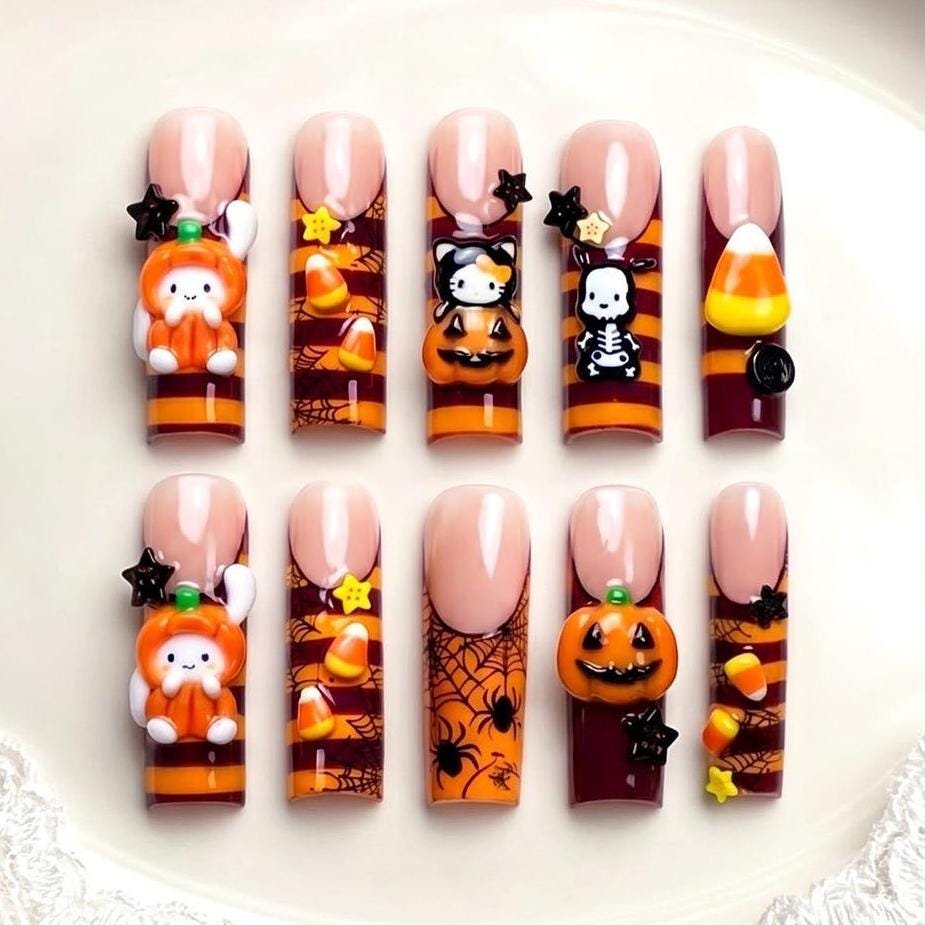 Cute Spooky Halloween Press On Nails with 3D Pumpkins, Bunnies, Candy Corn and Spiderwebs