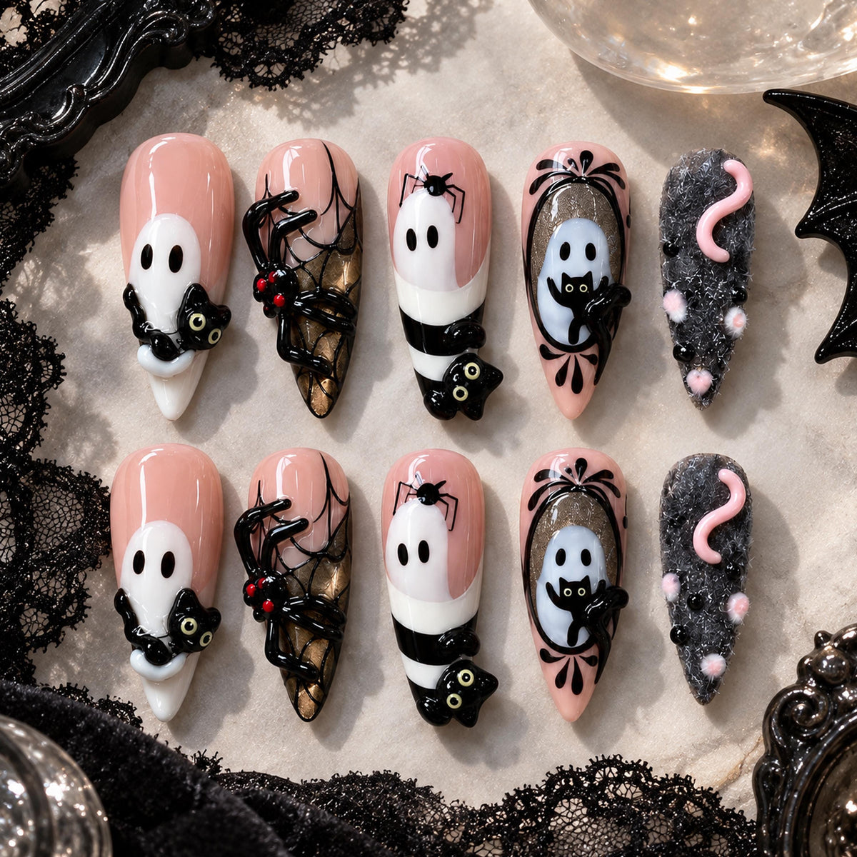 Cute Spooky Pink Ghost, Black Cat and Spider Halloween Nail Set