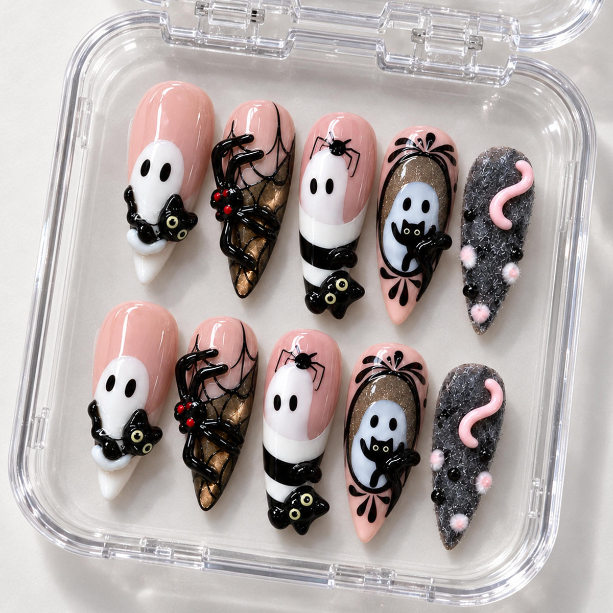 Cute Spooky Pink Ghost, Black Cat and Spider Halloween Nail Set