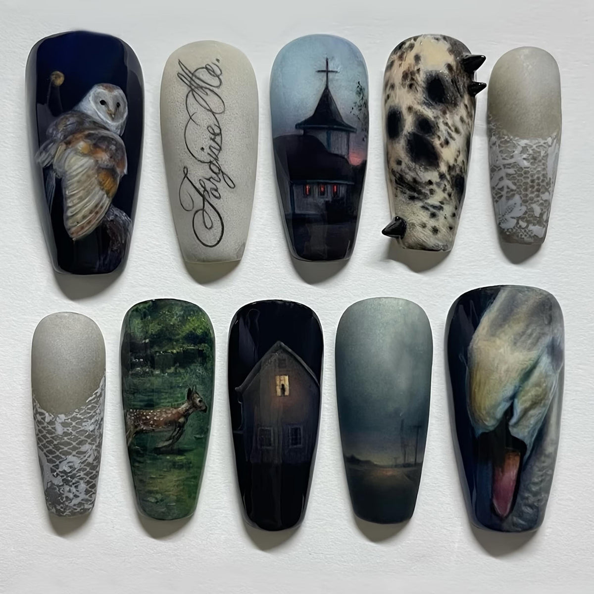 Dark Academia Gothic Woodland Press-On Nails With Owl, Deer, Cottage, and Twilight Art