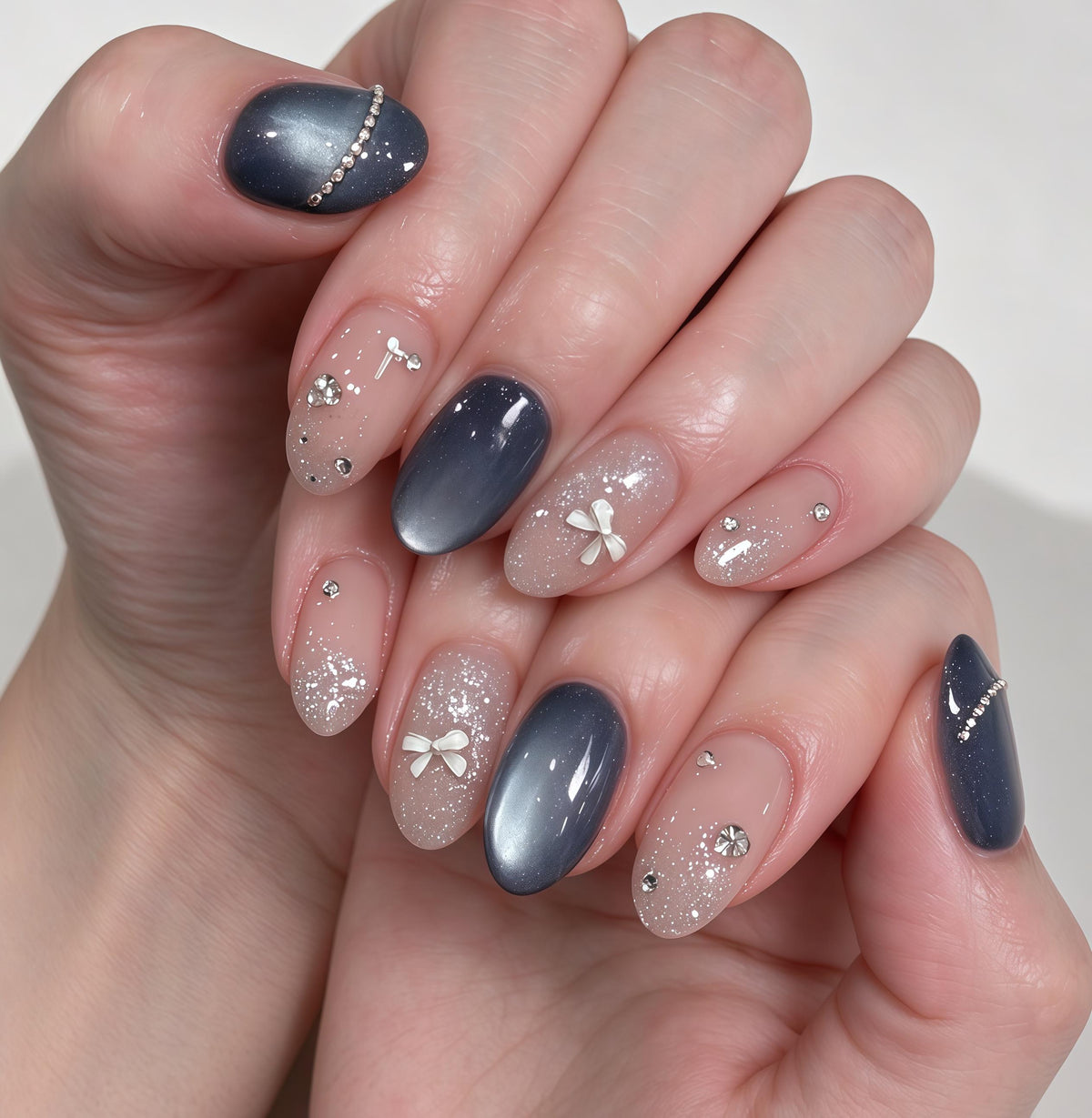 Dark Blue Cat-Eye and Blush Glitter Bow Rhinestone Nail Set