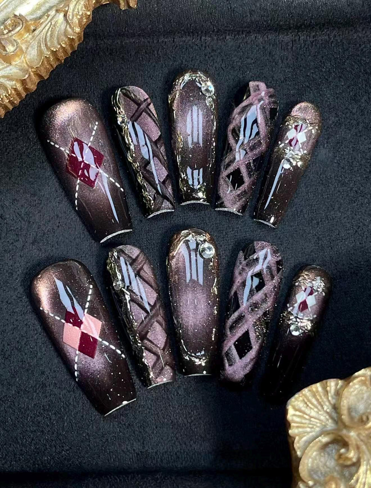 Dark Brown Chrome Argyle Gothic Press On Nail Set