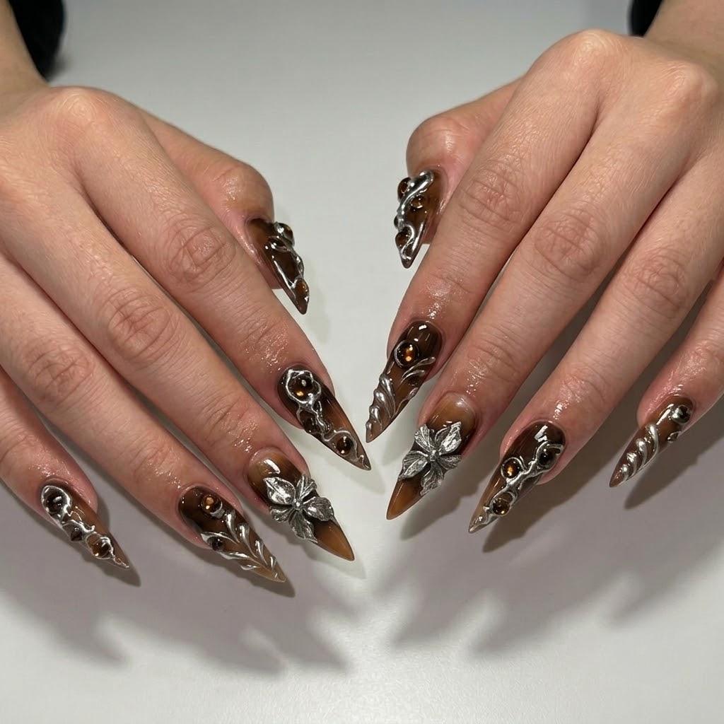 Dark Brown Chrome Nails With Silver 3D Flowers, Metallic Swirls, Gothic Y2K Nail Set