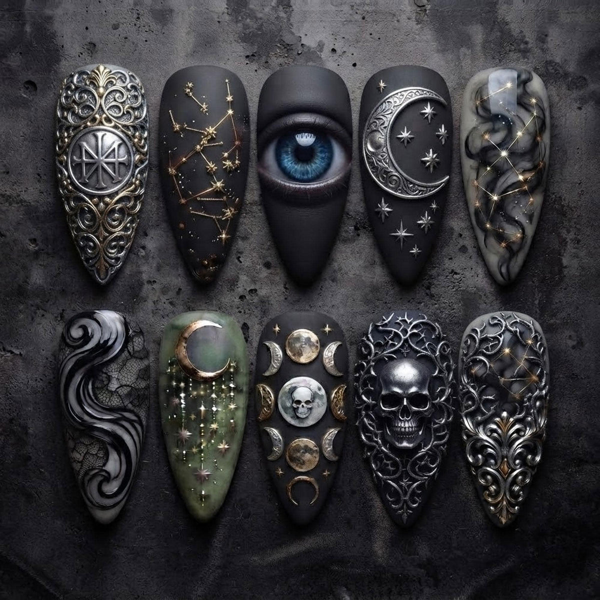 Dark Celestial Gothic Nail Set with Skull, Moon Phases, Blue Eye and Silver Filigree