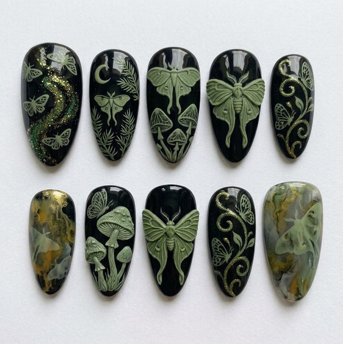 Dark Cottagecore Forest Fairy Press On Nails with Black Moths, Mushrooms, Sage Green 3D Details and Gold Accents