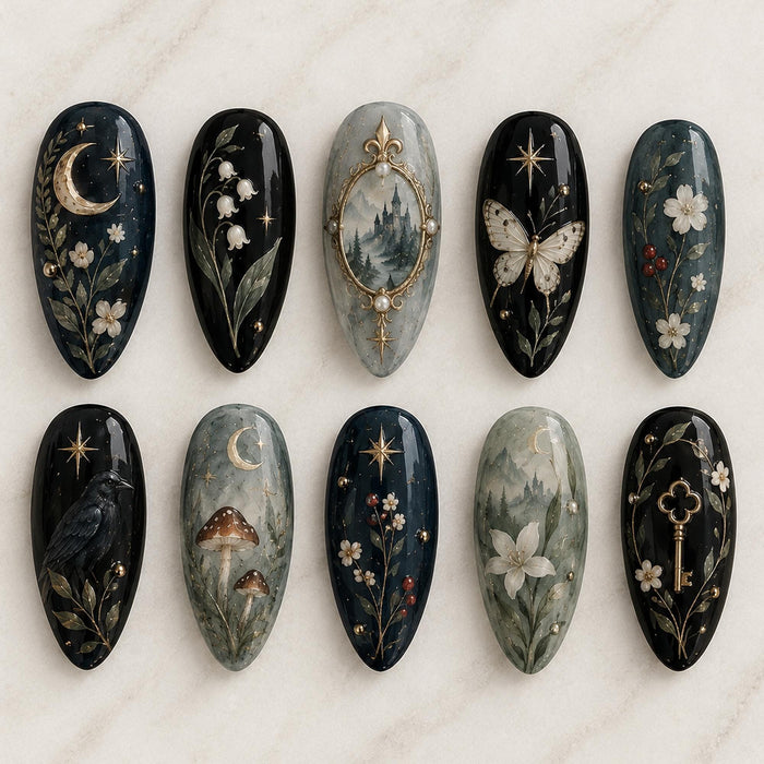 Dark Cottagecore Raven, Castle, Mushroom and Gold Butterfly Press On Nail Set