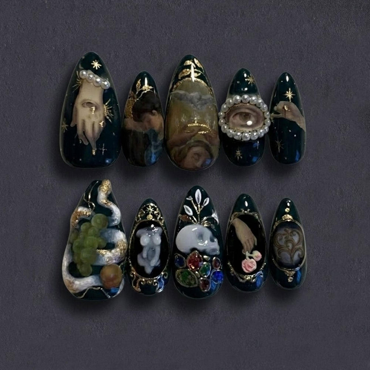 Dark Emerald Renaissance Portrait Nails With Pearl Eyes, Gold Stars and Silver Serpent