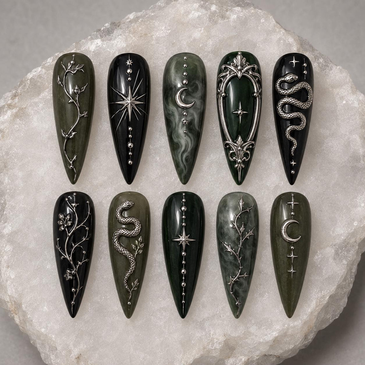 Dark Green and Black Celestial Snake Press-On Nail Set with Silver Vines