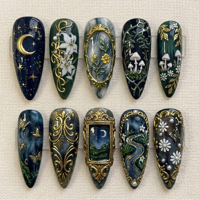 Dark Green and Navy Forest Press On Nails with Mushrooms, Moon, Flowers, and Gold Filigree