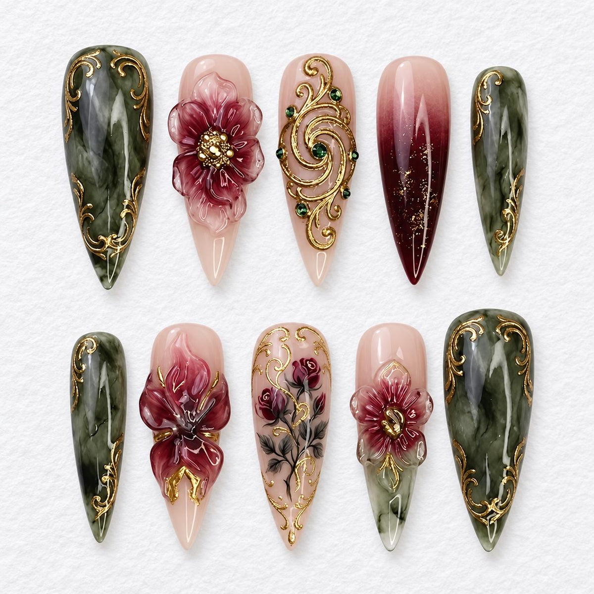 Dark Green Marble and Burgundy Floral Gold Filigree Nail Set