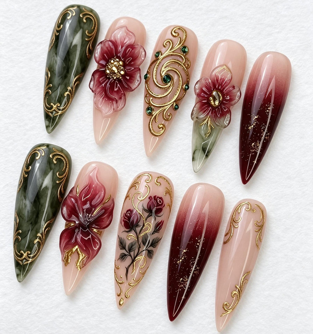 Dark Green Marble and Burgundy Floral Gold Filigree Nail Set