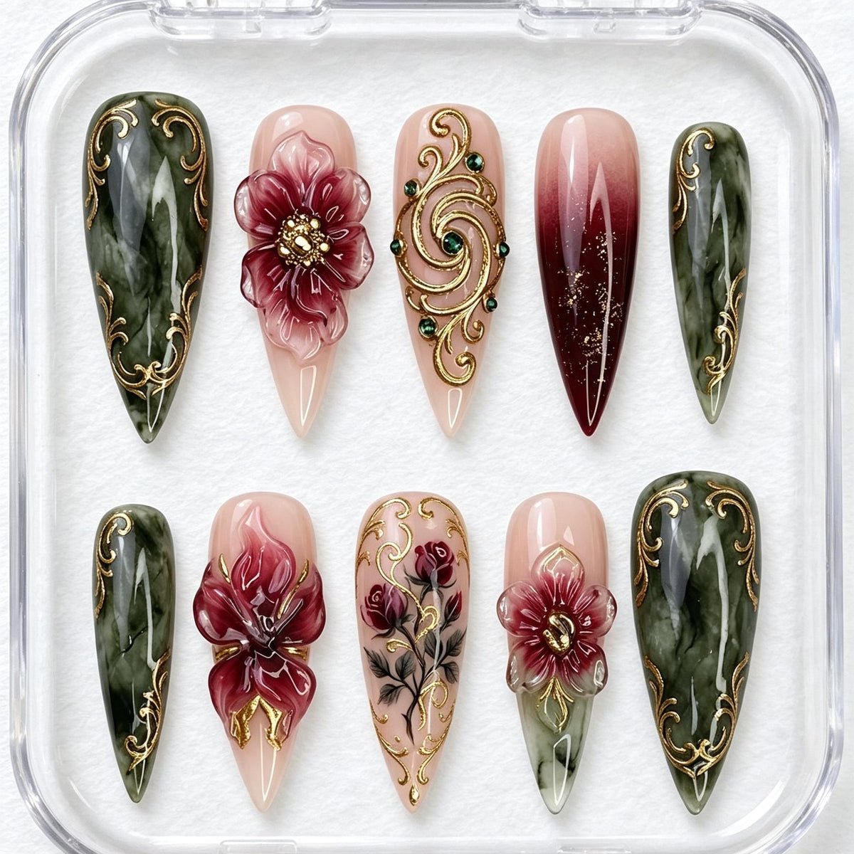 Dark Green Marble and Burgundy Floral Gold Filigree Nail Set