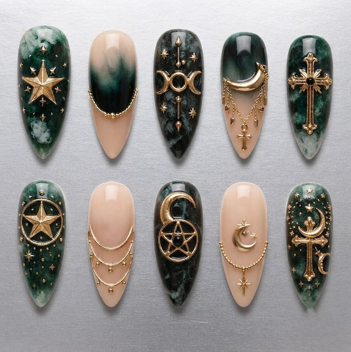 Dark Green Marble Celestial Nails with Gold Moons, Stars, Crosses and Pentagrams